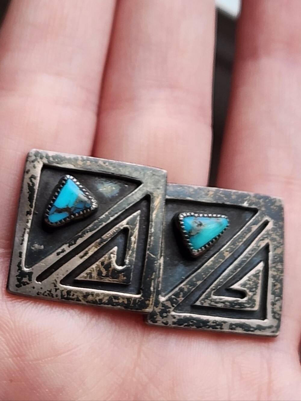 VTG STERLING SILVER TURQUOISE OVERLAY CUFFLINKS 3/4"